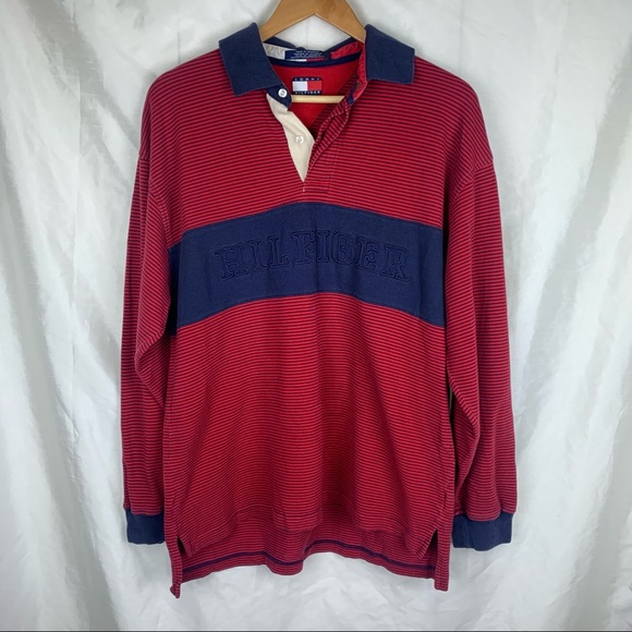 Vintage Tommy Hilfiger Embroidered Red & Blue Rugby Shirt, Size: Large - Picture 1 of 8